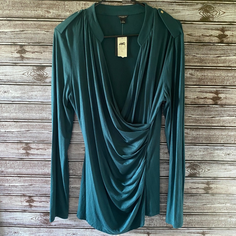 Ann Taylor Women's Long-Sleeved Top Size‎ L Teal Faux-Wrap V-Neck NWT